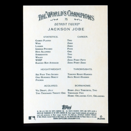 Jackson Jobe RC 2025 Allen & Ginter Rookie Tigers