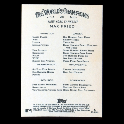 Max Fried 2025 Allen & Ginter Yankees