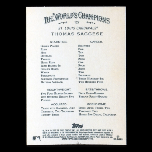 Thomas Saggese RC 2025 Allen & Ginter Rookie Cardinals