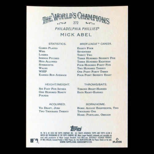 Mick Abel RC 2025 Allen & Ginter Rookie Phillies
