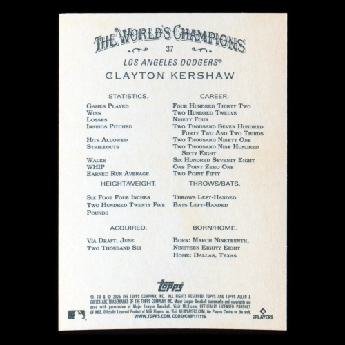 Clayton Kershaw 2025 Allen & Ginter Dodgers