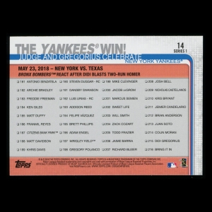 The Yankees Win 2019 Topps Judge and Gregorius Celebrate