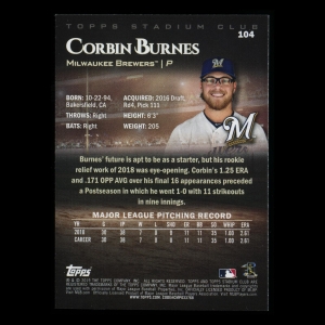 Corbin Burnes RC 2019 Stadium Club Rookie Brewers