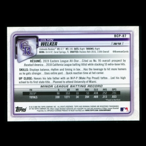 Colton Welker 2020 Bowman Chrome Prospect Mojo Refractor Rockies
