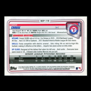 Hans Crouse 2020 Bowman Chrome Prospect Rangers