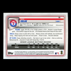 Nick Solak RC 2020 Bowman Rookie Rangers