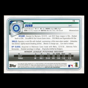 Justin Dunn RC 2020 Bowman Rookie Mariners