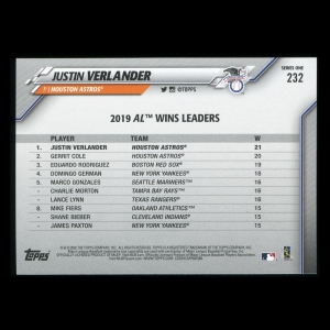 Justin Verlander 2020 Topps League Leaders Astros