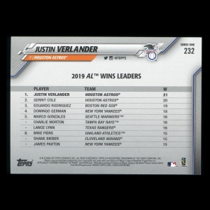 Justin Verlander 2020 Topps League Leaders Astros