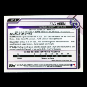 Zac Veen 2021 Bowman Chrome Prospect Rockies
