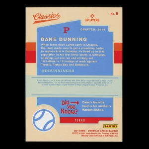 Dane Dunning RC 2021 Classics Rookie Rangers