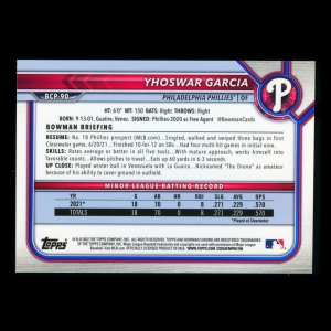 Yhoswar Garcia 2022 Bowman Chrome 1st Bowman Prospects Aqua Shimmer Refractors Phillies 60/125