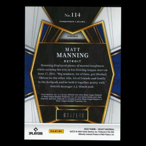 Matt Manning RC 2022 Select Rookie Light Blue PRM Tigers 025/149