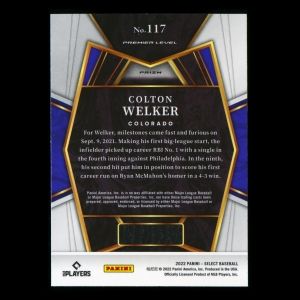 Colton Welker RC 2022 Select Rookie Holo PRM Rockies