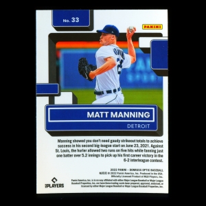 Matt Manning RR RC 2022 Donruss Optic Rated Rookie Tigers