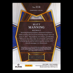 Matt Manning RC 2022 Select Light Blue PRM Rookie Tigers 059/149