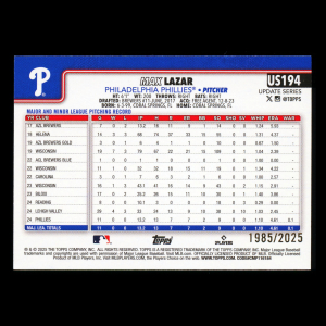 Max Lazar RC 2025 Topps Update Gold Rookie Phillies
