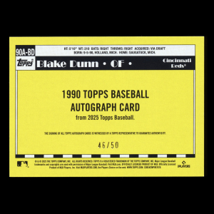 Blake Dunn Rookie 2025 Topps Update '90 Topps Autographs Rookie Reds 46/50