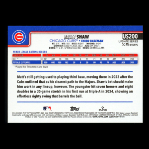 Matt Shaw RC 2025 Topps Update Rookie Cubs