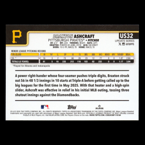 Braxton Ashcraft RC 2025 Topps Update Rookie Pirates