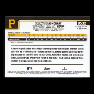 Braxton Ashcraft RC 2025 Topps Update Rookie Pirates