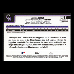 Zach Agnos RC 2025 Topps Update Rookie Rockies