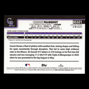 Carson Palmquist RC 2025 Topps Update Rookie Rockies