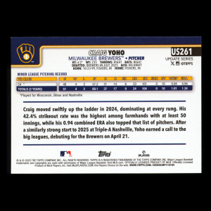 Craig Yoho RC 2025 Topps Update Rookie Brewers