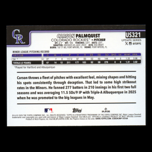 Carson Palmquist RC 2025 Topps Update Rainbow Foil Rookie Rockies