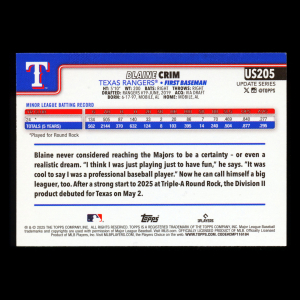 Blaine Crim RC 2025 Topps Update Rookie Rangers