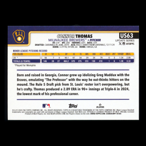 Connor Thomas RC 2025 Topps Update Rookie Brewers