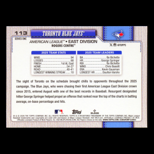 Toronto Blue Jays 2026 Topps Team Card Blue Jays