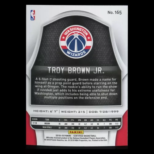 Troy Brown Jr. RC 2018-19 Certified Rookie Wizards