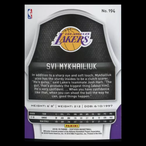 Svi Mykhailiuk RC 2018-19 Certified Rookie Lakers