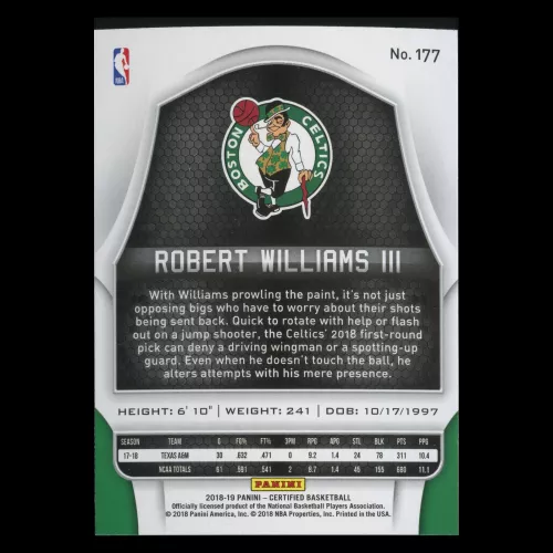 Robert Williams III RC 2018-19 Certified Rookie Celtics