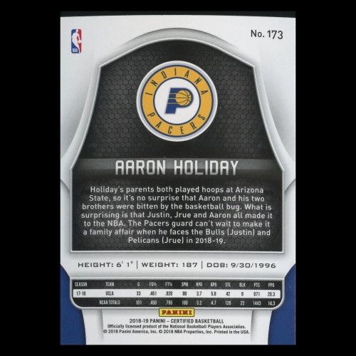 Aaron Holiday RC 2018-19 Certified Rookie Pacers