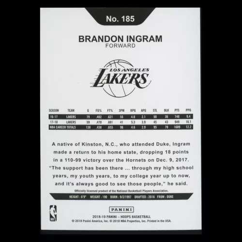 Brandon Ingram 2018-19 Hoops Green Lakers 11/99