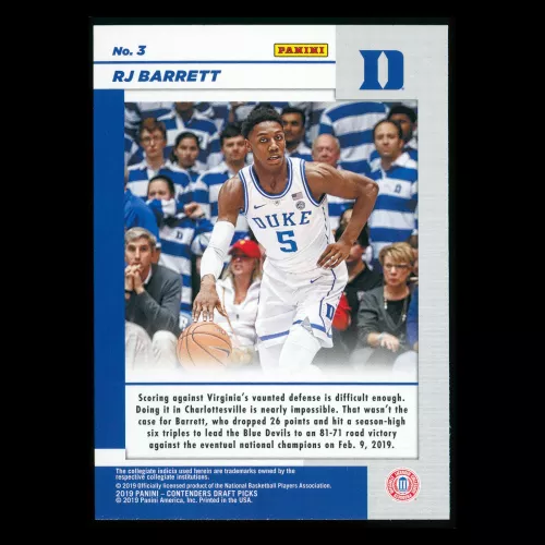 RJ Barrett RC 2019 Contenders Draft Picks Rookie Game Day Ticket Blue Devils/Knicks