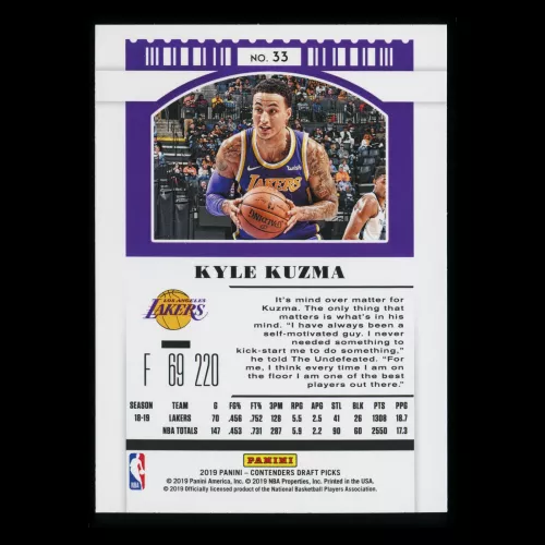 Kyle Kuzma 2019 Contenders Draft Picks Draft Ticket Blue Foil Lakers