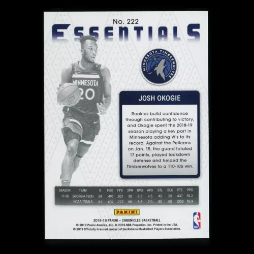 Josh Okogie RC 2018-19 Chronicles Essentials Rookie Timberwolves