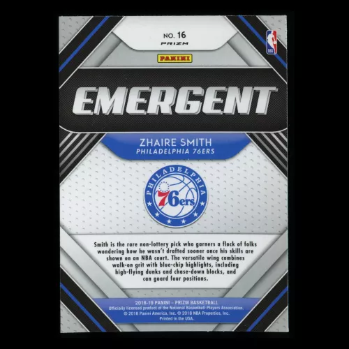 Zhaire Smith RC 2018-19 Prizm Emergent Silver 76ers