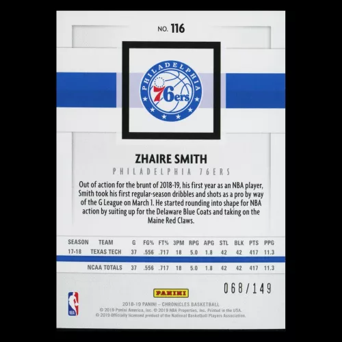 Zhaire Smith RC 2018-19 Chronicles Red Rookie 76ers