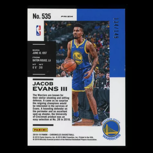 Jacob Evans III RC 2018-19 Chronicles Red Rookie Warriors 134/149