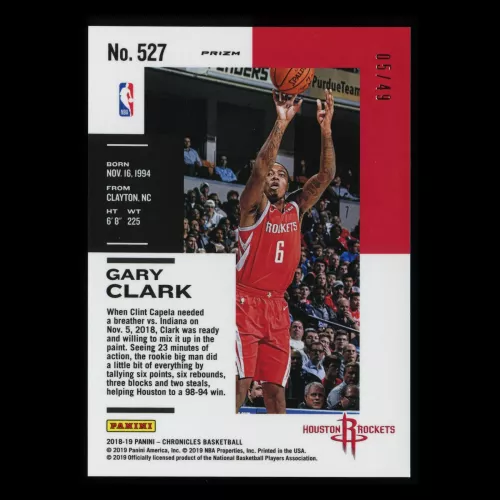 Gary Clark RC 2018-19 Chronicles Purple Rookie Rockets 05/49