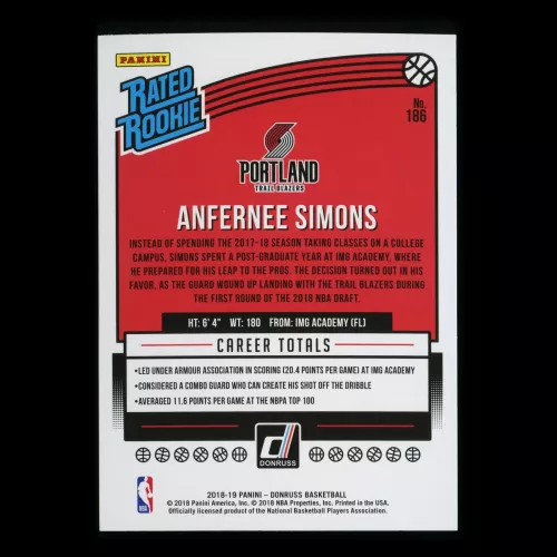 Anfernee Simons RR 2018-19 Donruss Rated Rookie Trail Blazers