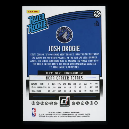 Josh Okogie RR 2018-19 Donruss Rated Rookie Timberwolves