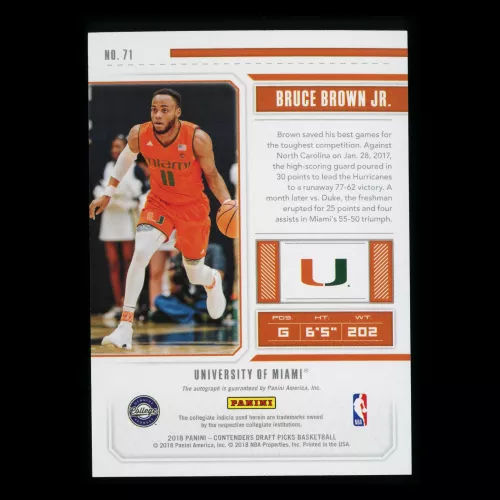Bruce Brown Jr. RC 2018 Contenders Draft Picks College Ticket Rookie Auto Hurricanes/Pistons