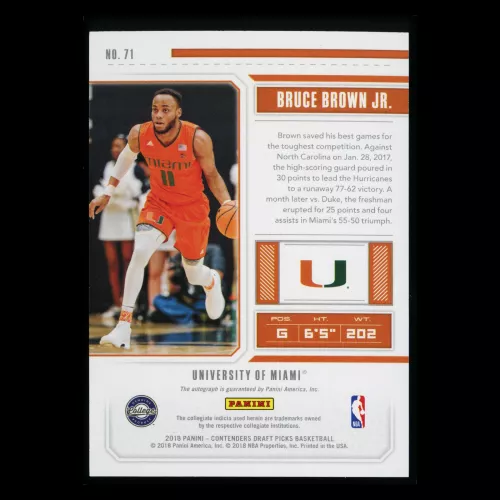Bruce Brown Jr. RC 2018 Contenders Draft Picks College Ticket Rookie Auto Hurricanes/Pistons