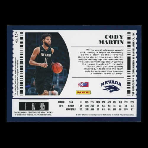 Cody Martin RC 2019-20 Contenders Draft Picks Rookie Auto Wolf Pack | Hornets
