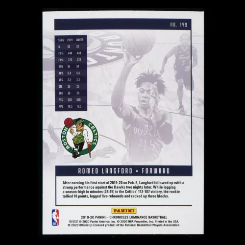 Romeo Langford RC 2019-20 Chronicles Luminance Rookie Celtics